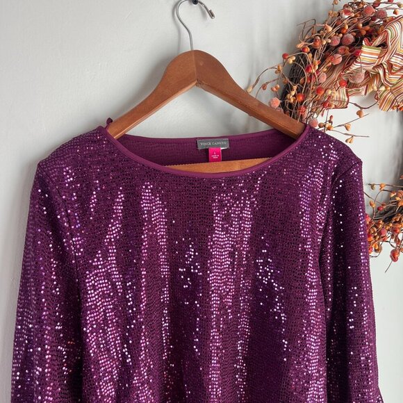 Vince Camuto Metallic Knit Flutter Sleeve Top LARGE Arresting Plum - Picture 2 of 10
